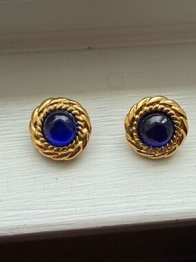 CHANEL Gold-Tone Earrings with Cobalt Blue Cabochon - Women Jewelry